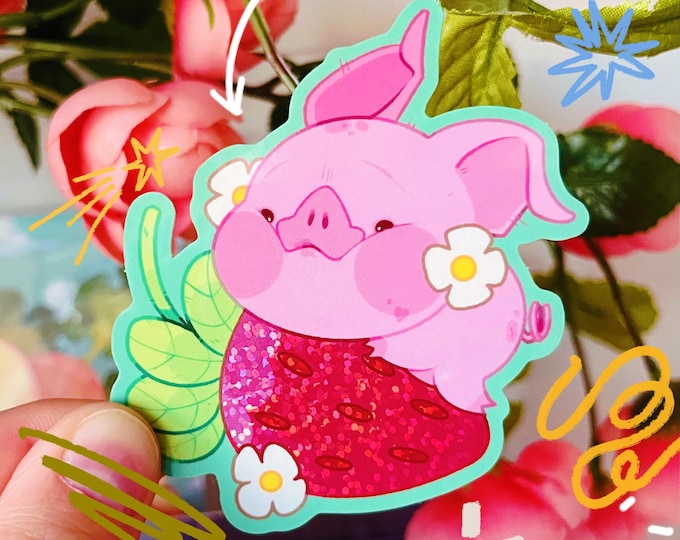 Strawberry Snuggle Pig 3” Glitter Vinyl Sticker - Glossy