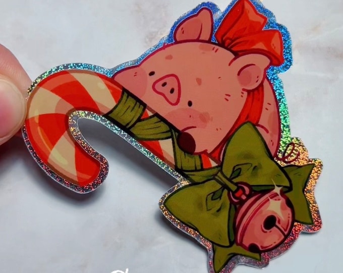 Vinyl 2.9" x 2.8" Glossy Pixie Dust Die Cut Candycane Pig Sticker