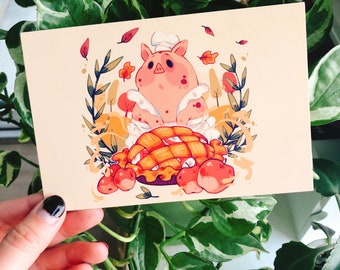 Cottage Core Baker Pig 4” x 6” postcard print || premium soft touch finish