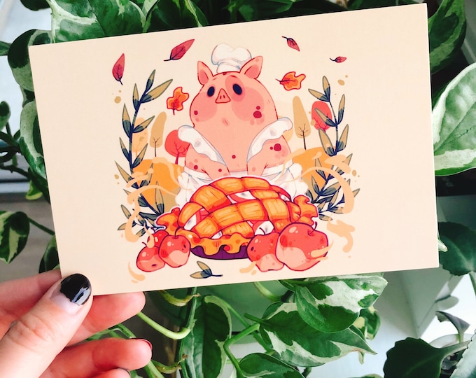 Cottage Core Baker Pig 4” x 6” postcard print || premium soft touch finish