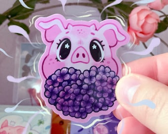 Hydrangea Pig: Floral 2" x 2.2" Glossy Glitter Effect Sticker - Vinyl Decal for Spring Season