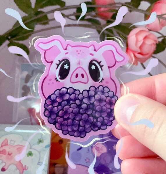 Hydrangea Pig: Floral 2" x 2.2" Glossy Glitter Effect Sticker - Vinyl Decal for Spring Season