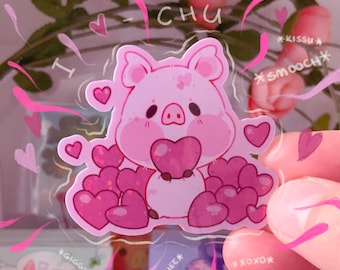 I Heart-chu: Charming 2.2" x 2" Glossy Glitter Effect Pig Sticker - Vinyl Decal for Valentines Day or Anniversary