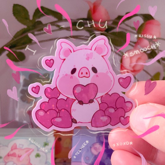 I Heart-chu: Charming 2.2" x 2" Glossy Glitter Effect Pig Sticker - Vinyl Decal for Valentines Day or Anniversary