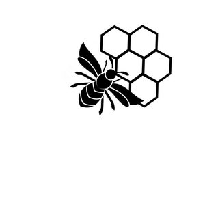 May include: Black and white silhouette of a bee flying near a honeycomb.