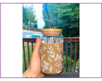Floral Libbey Glass Can | Wildflower Glass Can | Reusable Glass Cup | Spring Iced Coffee Glass | Summer Glass Cup | Iced Coffee Cup Glass