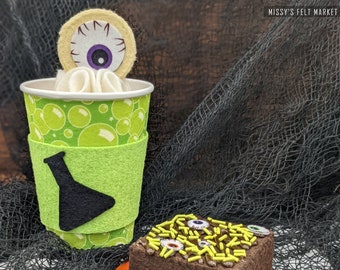 Poison Brew Latte Felt Play Food with Lid for Halloween Pretend Play - Black Coffee and Hot Chocolate with Whipped Cream with Eyeball