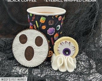 BLACK CANDY Latte Felt Play Food with Lid for Halloween Pretend Play - Black Coffee and Hot Chocolate with Whipped Cream with Eyeball