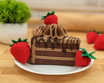 Chocolate Cake with Strawberry and Chocolate Decorations - Birthday Cake Slice - Summer Tea Party Food - Pretend Bakery Treats for Kids