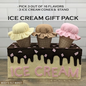 Ice Cream Gift Set - Felt Food Pretend Play for Kids - 16 Scoops of Unique Flavors and 3 Cones - Ice Cream Sundae Cone Stand