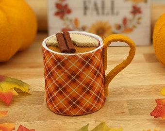 Felt Hot Cider Mug for Autumn Pretend Play - Fall Themed Plaid Drink - Apple Pie Slice with Lattice Top - Play Kitchen Toys for Kids