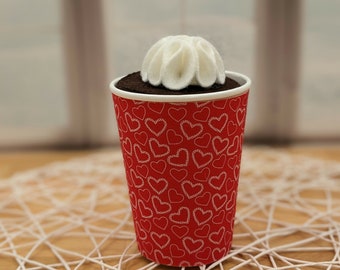 Valentine's Day Red Latte with White Hearts Felt Play Food with Lid for Pretend Play - Black Coffee and Hot Chocolate with Whipped Cream