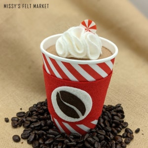 Peppermint Latte Felt Play Food Toy for Pretend Play - 12 oz Black Coffee and Hot Chocolate with Whipped Cream - Mixed Medium Cup with Lid