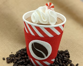 Peppermint Latte Felt Play Food Toy for Pretend Play - 12 oz Black Coffee and Hot Chocolate with Whipped Cream - Mixed Medium Cup with Lid