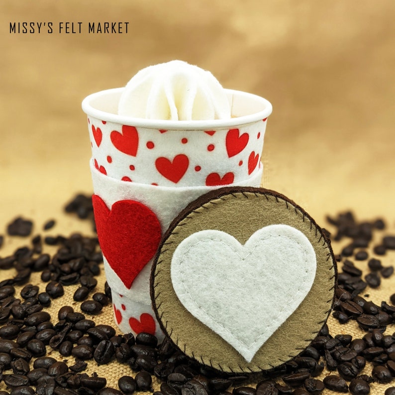 Valentine's Day Red Heart Latte w/ White Background Felt Play Food w/ Lid for Pretend Play Coffee and Hot Chocolate w/ Whipped Cream Just the Latte