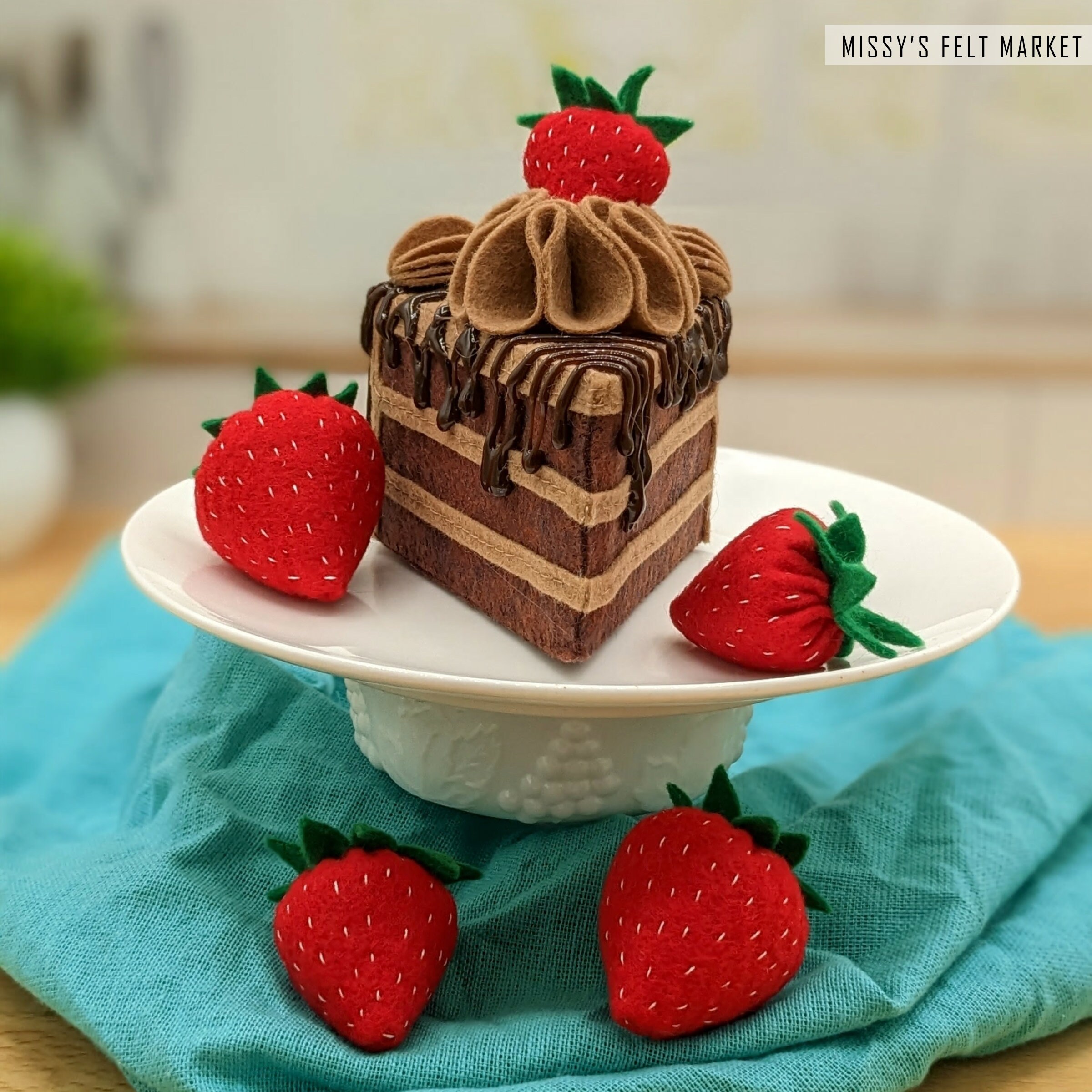CHOCOLATE Birthday CAKE Slice With Strawberries Felt Play Food - Etsy