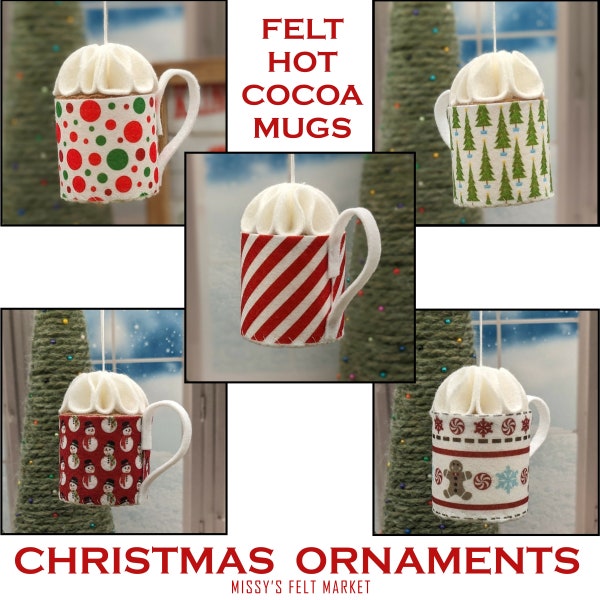 Hot Cocoa Mug Christmas Ornament - Peppermint Stripe Felt - Poke-a-Dot Fun Design - Felt Play Food for Kids