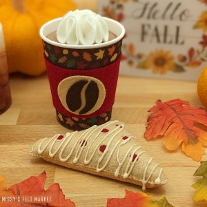 Pretend Latte Cup Felt Food with Autumn Leaf Decoration and Working Lid - 12 oz Black Coffee and Hot Chocolate with Whipped Cream - Scone