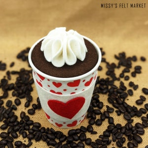 Valentine's Day Red Heart Latte w/ White Background Felt Play Food w/ Lid for Pretend Play Coffee and Hot Chocolate w/ Whipped Cream image 7