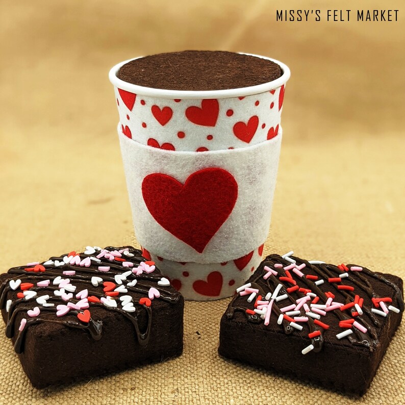 Valentine's Day Red Heart Latte w/ White Background Felt Play Food w/ Lid for Pretend Play Coffee and Hot Chocolate w/ Whipped Cream image 5