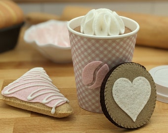 PINK CHECK Latte Cup and Working Lid - Felt Food for Pretend Play Kitchen  - 12 oz Black Coffee and Hot Chocolate with Whipped Cream - Scone
