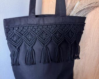 Linneväska med makramé – Handgjord shoppingväska / axelväska i linne, boho-stil