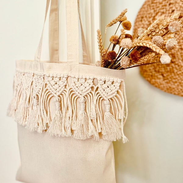 Makramee Jutebeutel / Makramee Tasche mit Boho details / Sommertasche Stoff / |Stoffbeutel \ Summer Bag /Handgemachte makramee Tasche