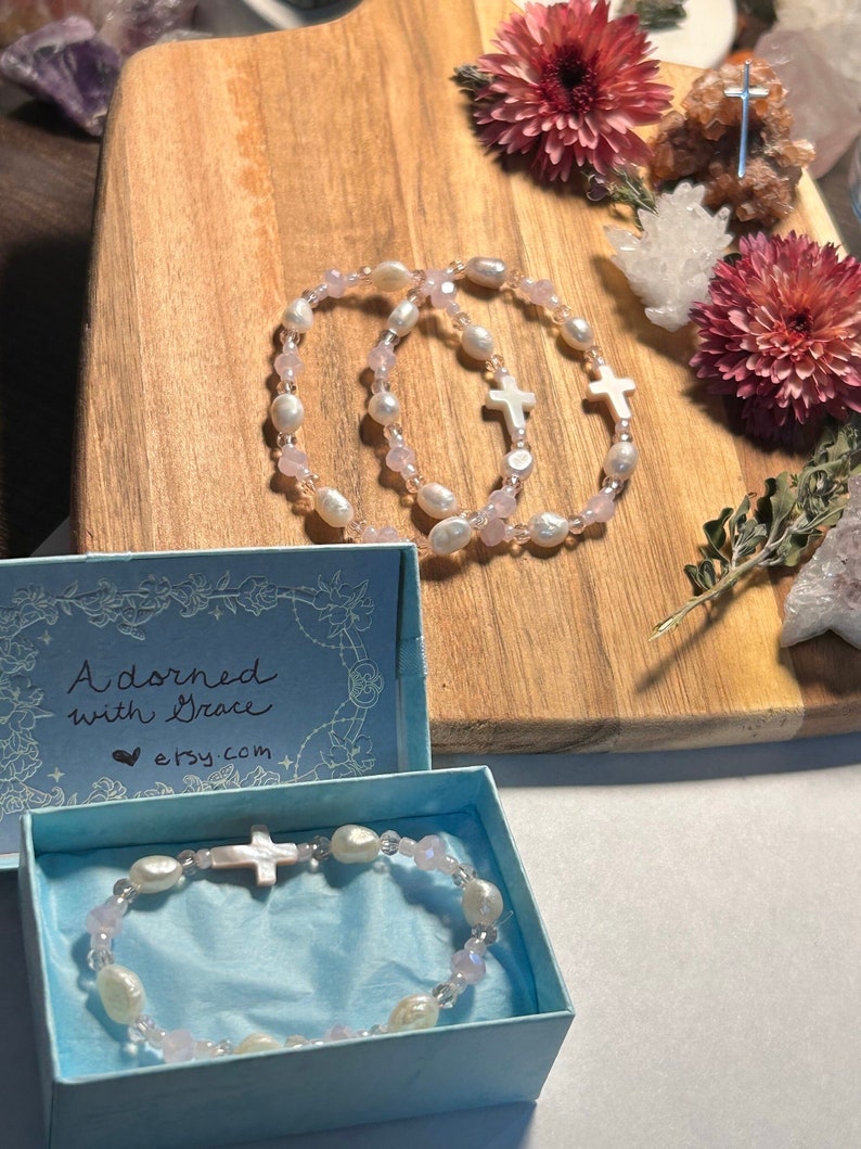 Pink Milk Glass Pearl Cross Bracelet Etsy