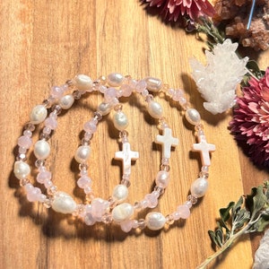Pink Milk Glass Pearl Cross Bracelet