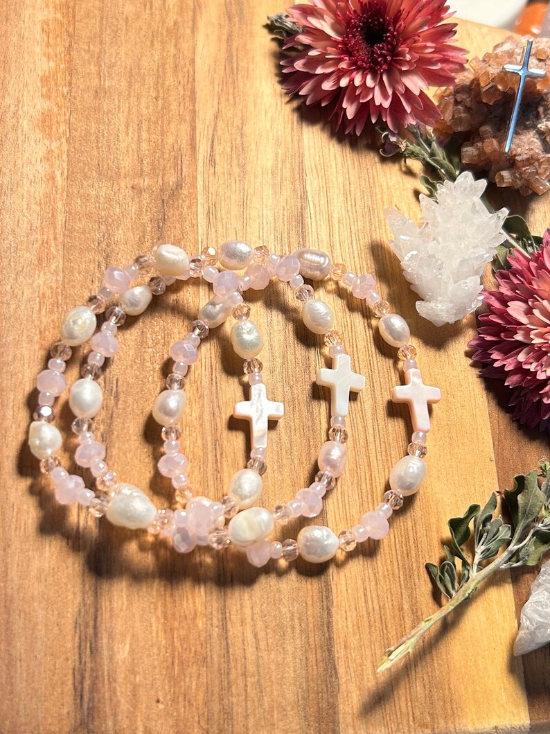 Pink Milk Glass Pearl Cross Bracelet Etsy