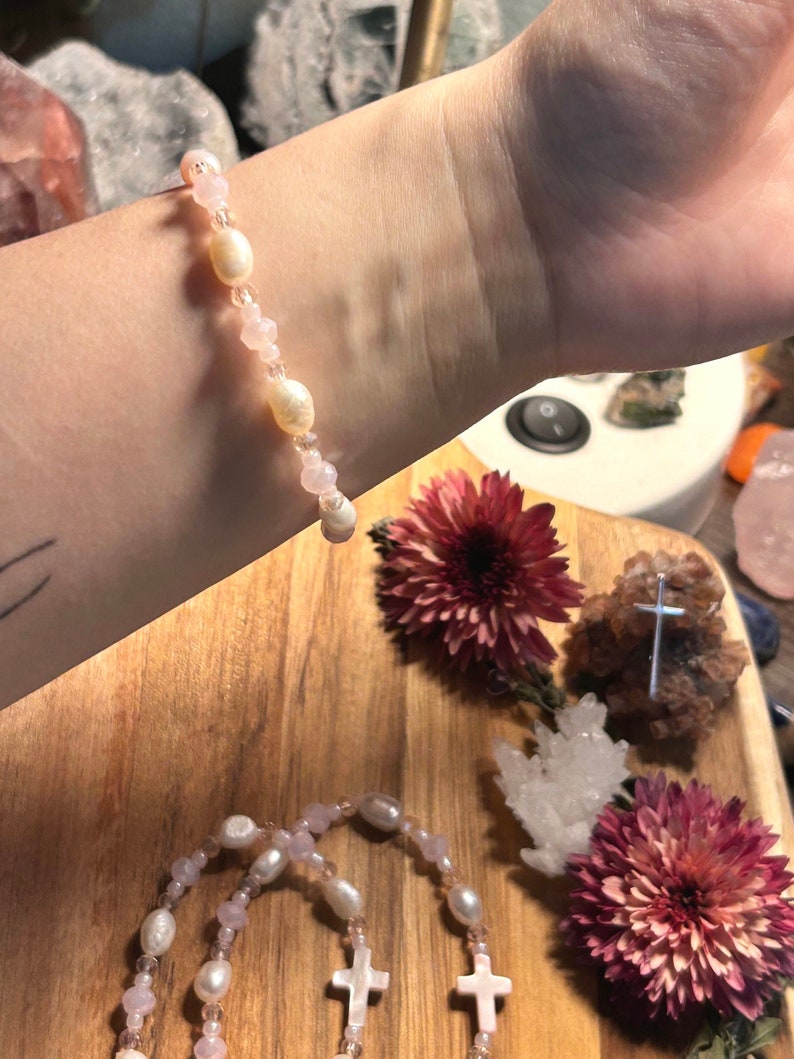 Pink Milk Glass Pearl Cross Bracelet Etsy