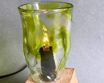 Green and Clear Blown Glass Lamp (Hand-Crafted) With Wood Base