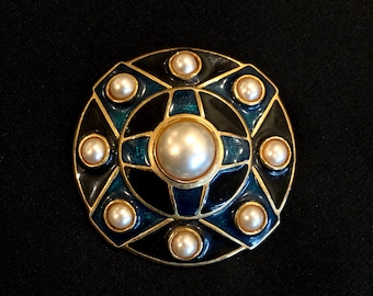 Vintage 1970s Signed Accessocraft Craft Large Statement Brooch Pin Enamel and Pearls Wow!