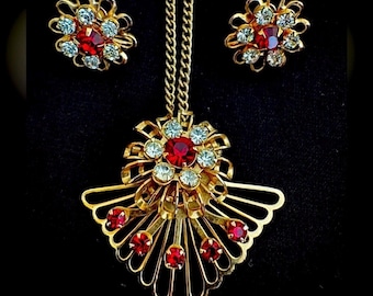 Vintage 1950s Rhinestone Necklace and Earrings Set, Goldtone Jewelry