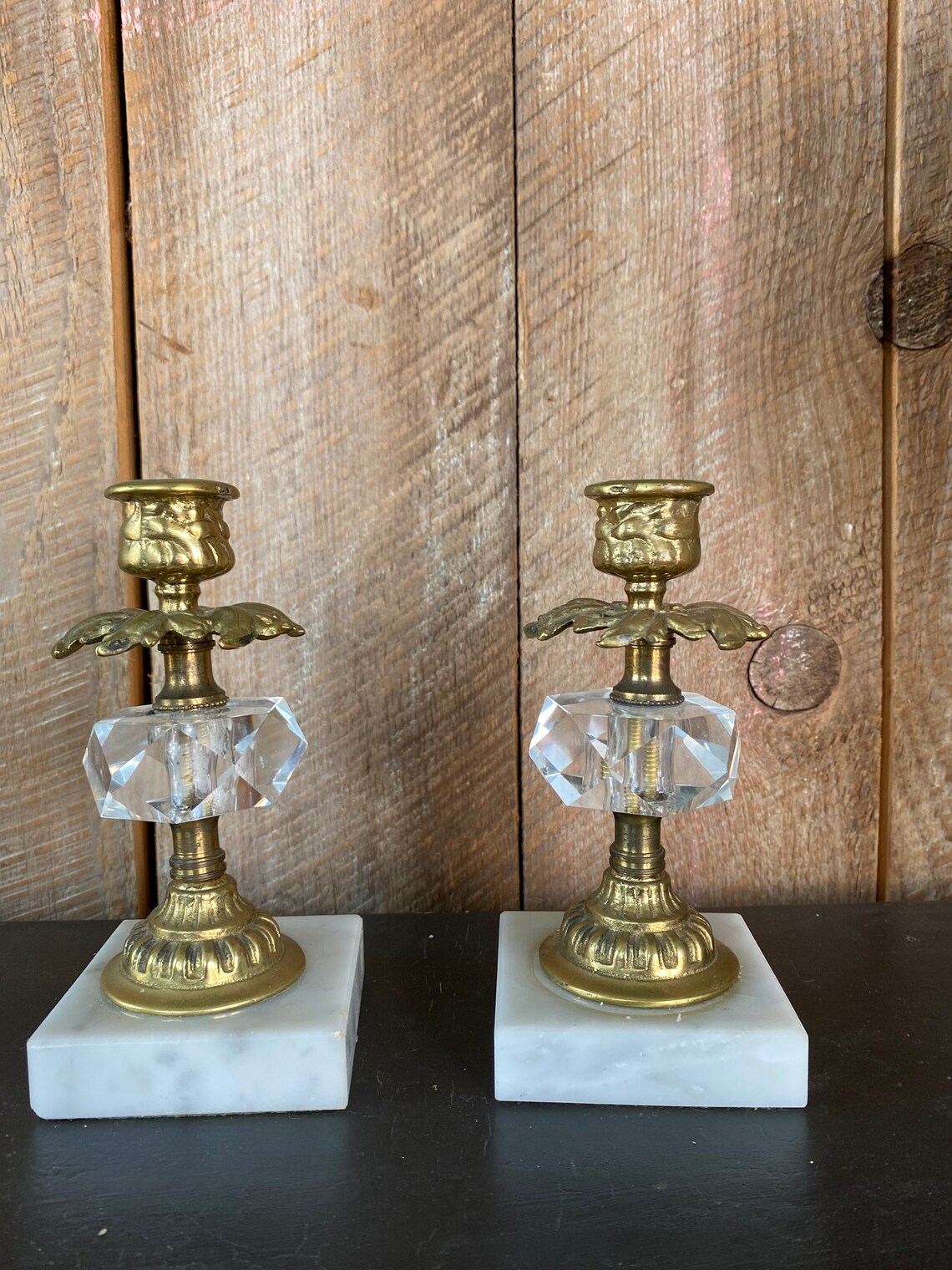 Pair Candle Stick Holders Brass Lead Crystal Marble Etsy
