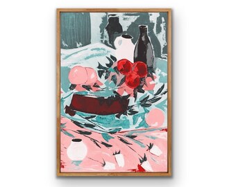 Lámina artística de bodegón con frutas y rosas – Pintura abstracta (Descarga digital)