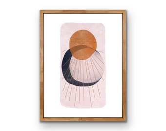 Impressão Sol e Lua em estilo moderno de meados do século XX – Arte geométrica celestial (Download digital)