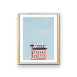 Minimalist Building on Blue Sky &quot;Let&#39;s Get Physical&quot; Art Photography Print, Pastel Decor, Printable Photography, Poster Digital Download Art