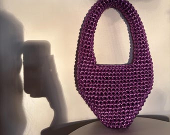 Metallic Purple Crochet Handbag | Handmade Statement Bag | Shiny Crochet Purse