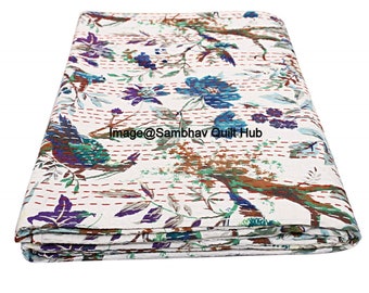 Queen//Twin//King Beige Handmade Bird Home Decor Bed Bohemian Bird Queen Bedspread Handcrafted Handmade Quilt Kantha Bird Print Cover Unique Blanket Bedding Quilt 60X90 inch