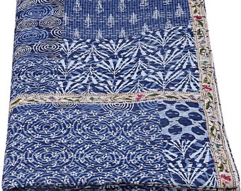 Blue Indigo Print Less Cotton Handmade Handblock Quilted Blanket Indian Cotton Kantha Indigo Print Bohemian Twin Size Block Throw Blanket