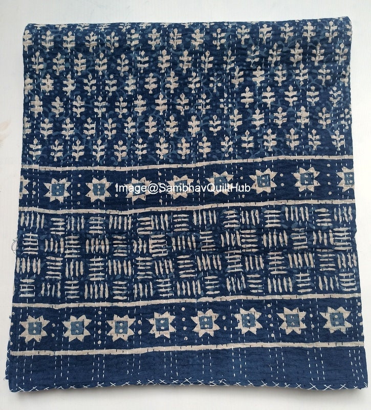 Indigo Print King Size Kantha Quilted Cotton Blanket Handmade - Etsy