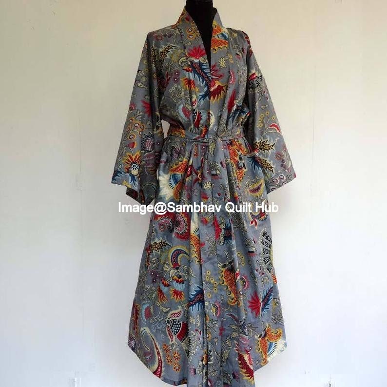 Long Grey Mukut Print Kimono Robe lockdown gifts Dressing | Etsy