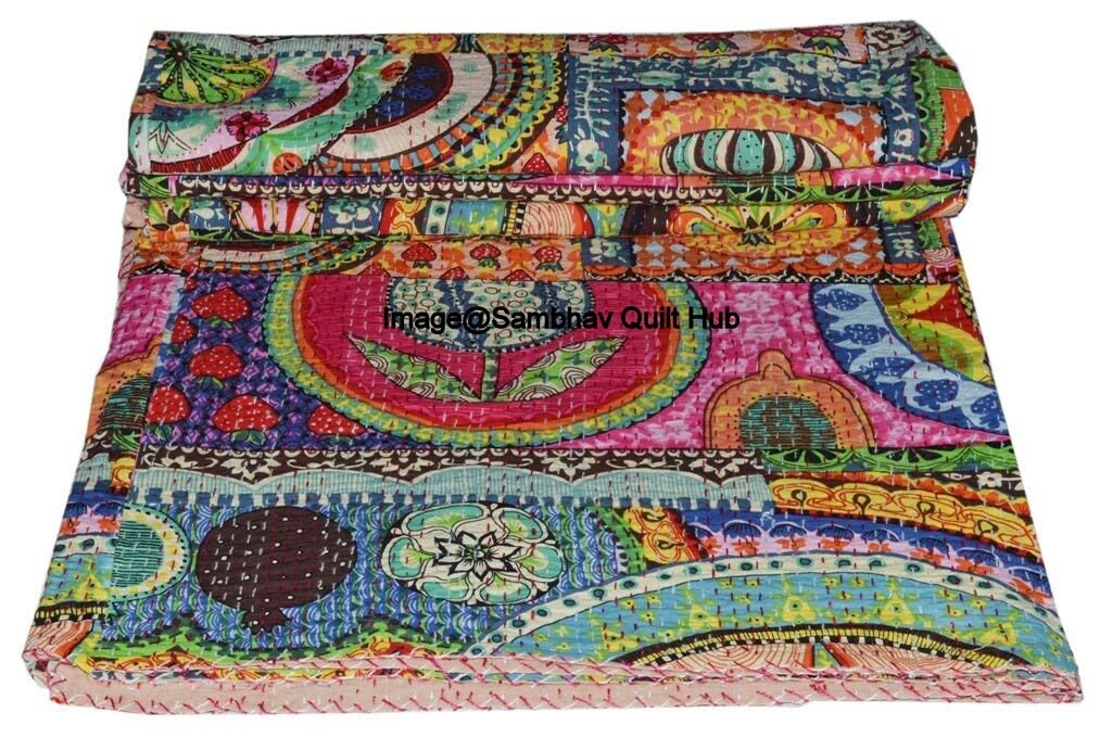 Indian Multi Handmade Bohemian Bedding Cotton Kantha Quilt | Etsy