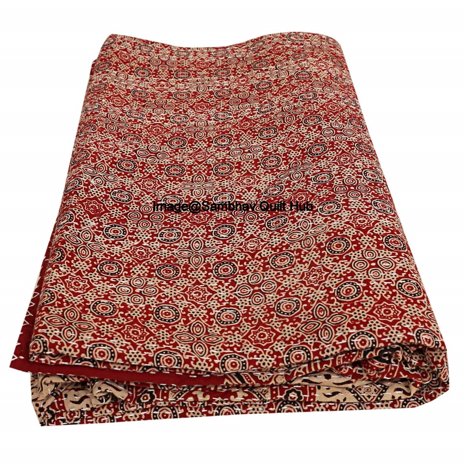 Ajarkh Quilting Bed Decor Bedding Queenking Size Reversible Kantha Bedspread Boho Patchwork Quilt Indian Handmade Kantha Throw Blanket