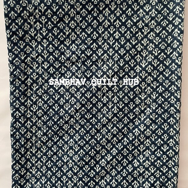Indigo Print Twin Size Kantha Quilted Cotton Blanket Handmade Hippie Bohemian Bedspread Hand Block Print 100% Cotton Bedspread BlanketThrow