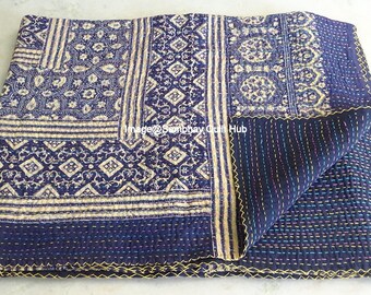 Indian Blue Ajrakh Handblock Handmade Bedspread Coverlet Throw Bohemian Kantha Stitched Bedding Twin /Single Ajrakh Bed Decor Quilt