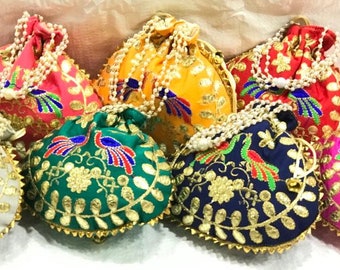 Potli Bag Jewelry Coin Pouch Potli Bag Gota Patti Work Potli Bag Batwa Pearls Handle Purse Clutch Purse for Women