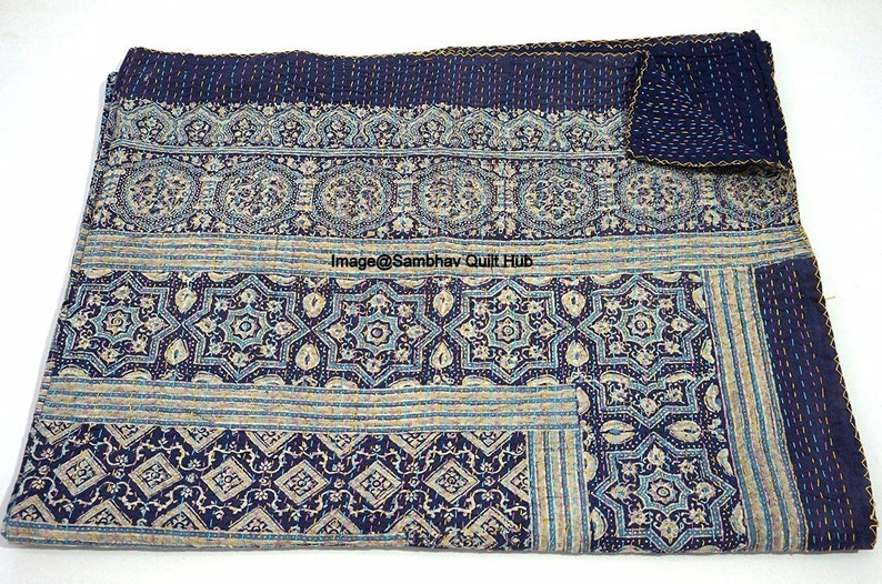 Blue&white Ajrakh Kantha Handblock Handmade Bedspread Coverlet - Etsy