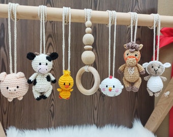 Baby play gym OR set of 5 or 7 hanging toys, wooden frame. Crochet farm animals. Infant activity center. Baby shower gift. Gender neutral.